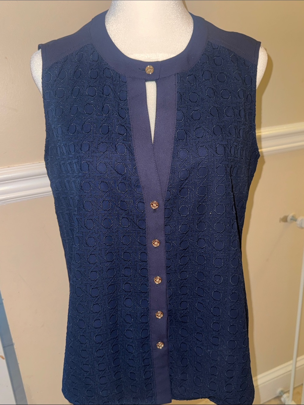 Sleeveless Navy Eyelet Button-Front Blouse